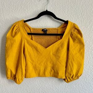Express contemporary Women's Yellow Puff Sleeve linen Top crop with stretch back